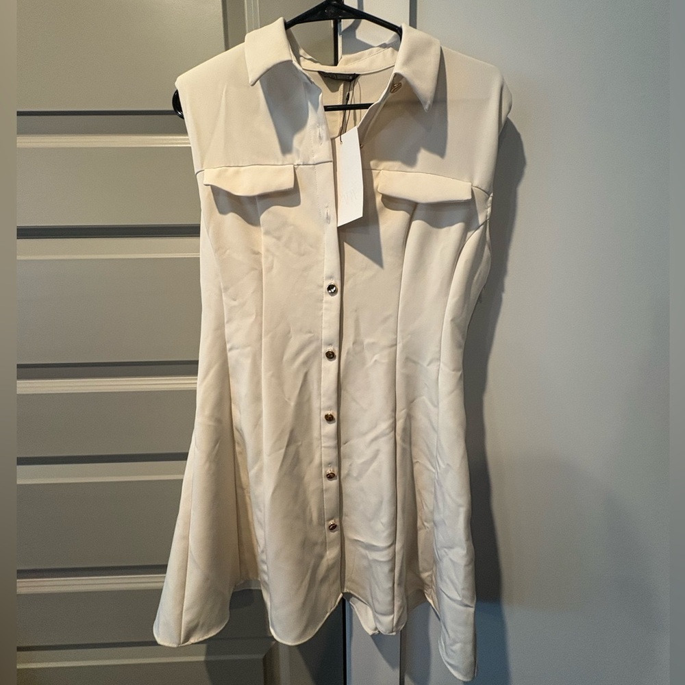 ZARA Sleeveless Button-Front Shirt Dress • Utility Pockets • Size L (NWT)